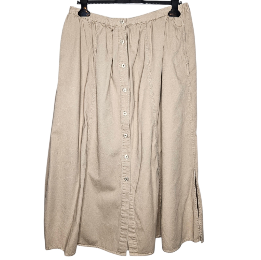 Vtg Jones New York Khaki Beige Button-Front Midi Skirt A-Line Cotton Sz 10
